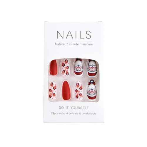 Christmas Press on Nails Medium Almond Red Fake Nails with Santa Claus Glue on Nails Xmas Gift Reusable Artificial Acrylic Full Cover Stick on False Nails for Women Manicure 24pcs