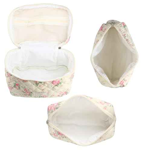Cute Makeup Bag for Women(2 Pcs), Travel Cosmetic Bags, Quilted Coquette Aesthetic Floral Toiletry Organizer Bag (21 - Pink Flower)