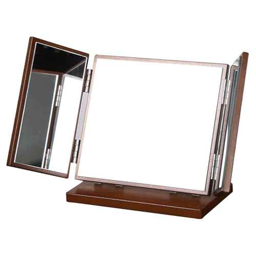VALICLUD 1Pc Folding Wooden Carve Pattern Makeup Mirror Three Sided Desktop Vanity Mirror for Distortion Reflection Stable Wooden Base for Home and Office Use