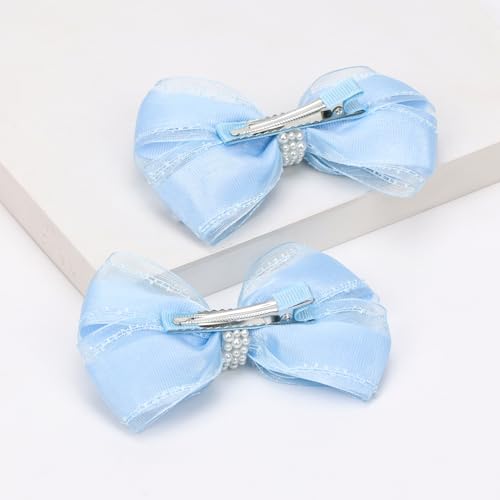 KISZU 4.5 Inch Flower Hair Bow Clips, Organza Bows with Pearls Big Hair Accessories for Baby Girls Kids Children Teens and Women (Blue)