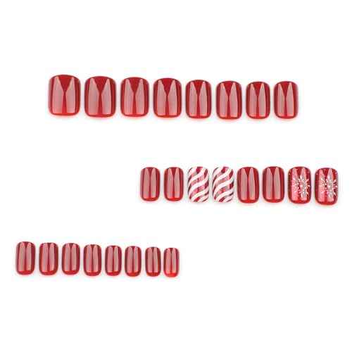 Christmas Press on Nails Short Square Red Nails Press Ons with Candy Stripes Snowflakes Designs Acrylic Fake Nail with Wearing Tools Removeable Xmas Artificial Nails 24pcs New Year Gifts