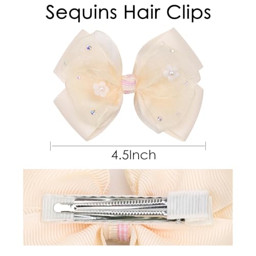KISZU 4.5 Inch Flower Hair Bow Clips, Organza Bows with Pearls Big Hair Accessories for Baby Girls Kids Children Teens and Women (Yellow)