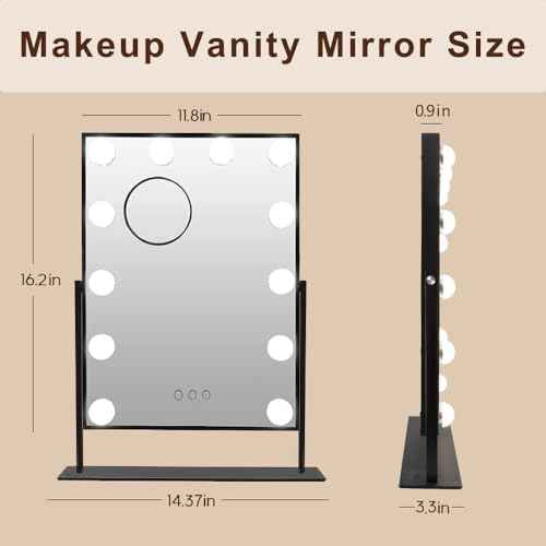 Hansong Black Vanity Mirror Makeup Mirror with Lights 12 Dimmable LED Bulbs Lighted Makeup Mirror Touch Screen Control 10X Magnification