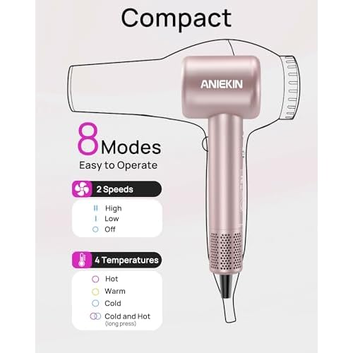 Hair Dryer, High-Speed Ionic Low Noise Blow Dryer with Brushless Motor for Fast Drying, Thermo-Control Quiet Compact Hair Blow Dryer with Magnetic Diffuser for Curly Hair for Home Travel Salon