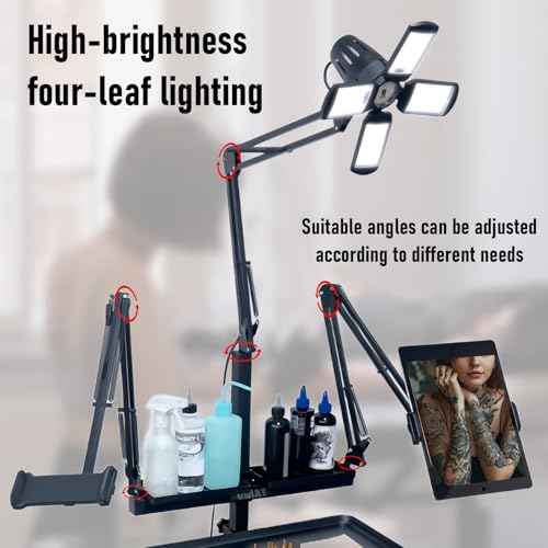 GBK Tattoo Workstation with LED Tattoo Light, Magnetic Tattoo Tray on Wheels,Salon Tray,Phone/Tablet Dual Stands,Tattoo Rolling Trolley for SalonTattoo Studio (Black)