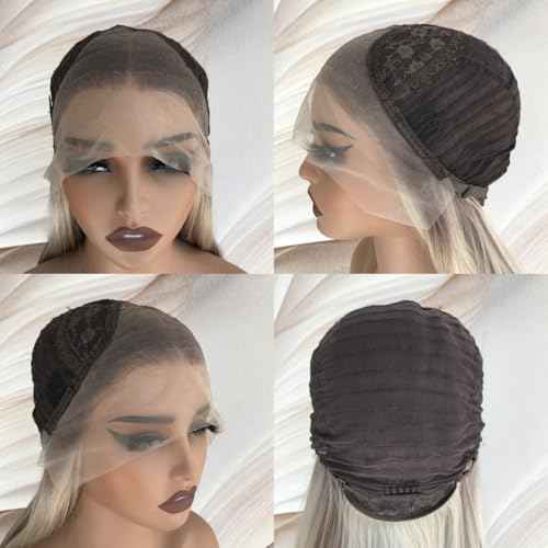 Blonde with Brown Lowlights 13x4 Synthetic Lace Front Wig Pre Plucked Hairline Blonde Blend Natural Straight Shoulder Length 17 Inch Natural Looking Heat Resistant Fiber Wig for Daily