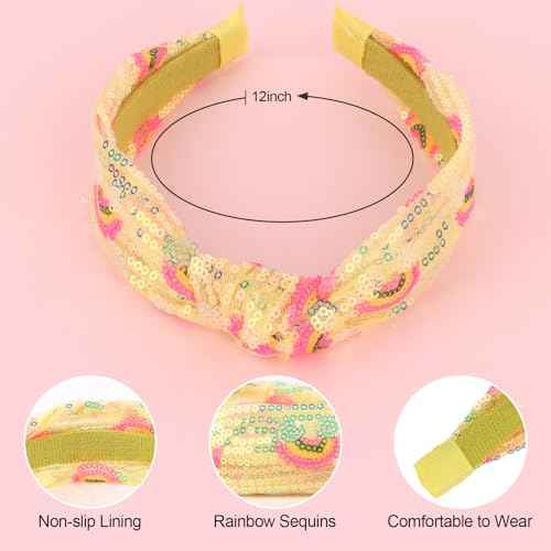 Yellow Sequins Headbands for Girls, Glitter Rainbow Girls Headbands Cute Knotted Head Band for Women Teens Sparkle Girl Hair Accessories