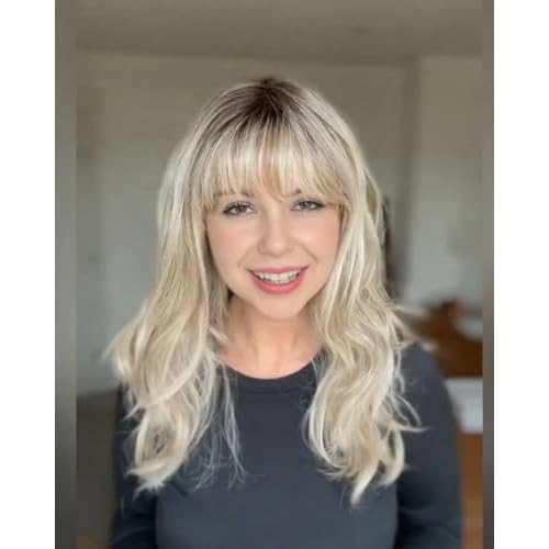 WIGYY Long Blonde Wig with Bangs for Women ? Layered Shoulder-Length Synthetic Wig, Natural Wavy Heat-Resistant Hair, Glueless Cap for Daily Wear