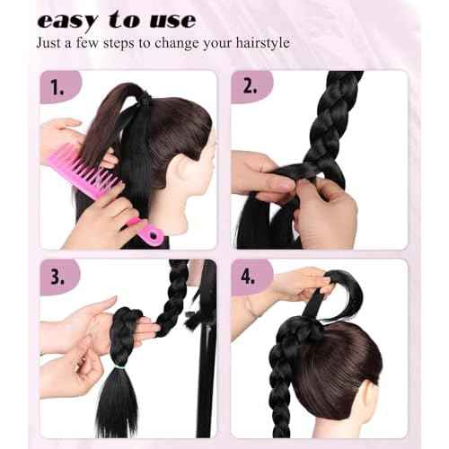 Long Braid Ponytail Extension with Hair Tie DIY Wrap Around Synthetic Hairpiece Natural Soft Fluffy Style for Women¡¯s Daily Wear (34 Inch Brown Black)
