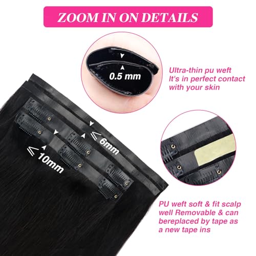 Seamless Clip in Hair Extensions Human Hair for Black Women Pu Clip in Hair Extensions 100% Unprocessed Full Head Brazilian Virgin Straight Human Hair Natural Black Color,8/Pcs with 18Clips,1 (20inch)