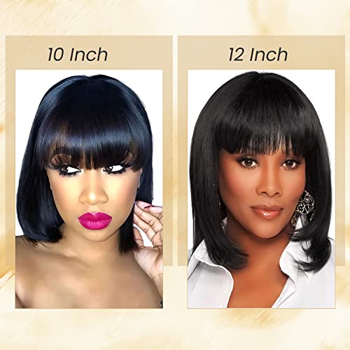 10 Inch Light YAKI Short Bob Wig Human Hair with Bangs, Black Blunt Cut Bob Wig Straight Glueless Headband Wigs for Women, Realistic Large Lace Scalp 180% Density 100% Human Hair