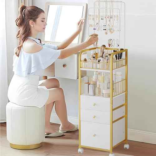 Makeup Organizer Cart with 3 Drawers, Jewelry Organizers and Storage for Earring Necklace, Large Vanity Storage Organizer for Skin Care Perfume Make up Brush Nail Polish Hair Tool (Gold)