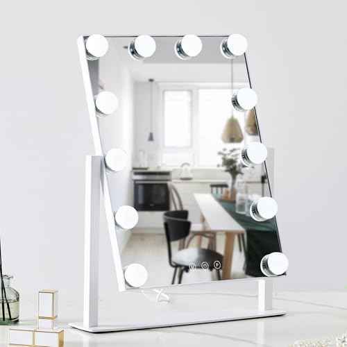 HIEEY Hollywood Makeup Mirror with 12 Dimmable Bulbs Lights, Three Color Lighting Modes, with 4in 20X Magnification Mirror, Smart Touch Control, 360¡ÆRotation (White,Gift Box)