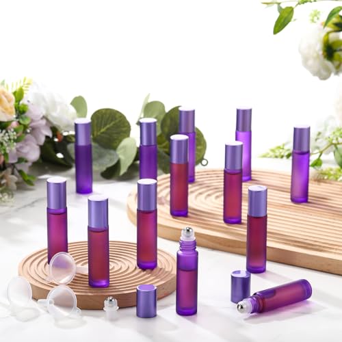 Sumind 150 Pcs Frosted Glass Roller Bottles Essential Oil 10 ml Empty Roll on Bottles with Stainless Steel Balls Leak Proof with 5 Funnel for Travel Essential Oil Perfume(Frosted Purple)