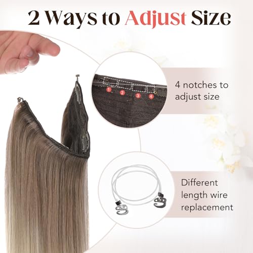 XDhair Wire Hair Extensions Human Hair 70g 16 Inch Ombre Light Brown to Ash Blonde Fish Wire Hair Extensions Invisible Straight 16 Inch #8T60