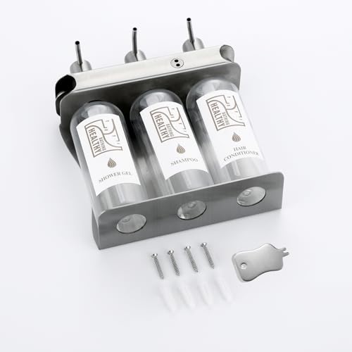 Brushed Silver Shampoo, Conditioner, Body Wash Dispenser Eco-Friendly 3 Compartment Refillable Shampoo and Conditioner Pump Bottle, Wall Mounted Slot Shower Soap Dispenser (KCLS-3)