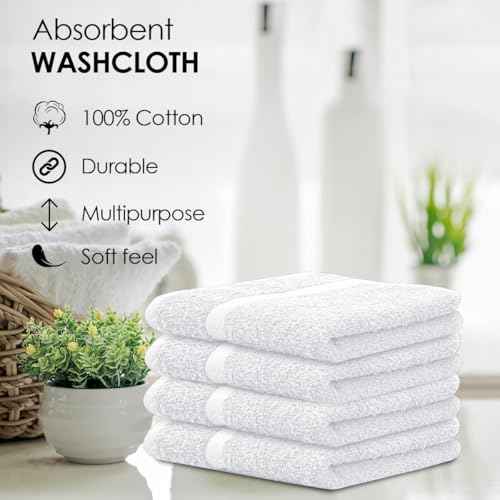 Avalon Towels Cotton Washcloths ? (Pack of 24) Size 12x12 Inches, 100% Ring Spun Cotton, Soft & Absorbent Face Towels, Gym Towels, Hotel and Spa Quality, Reusable Fingertip Towels (White)