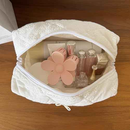 Cotton Quilted Makeup Bag Coquette Accessories Make up Bag Organizer Cute Floral Cosmetic Pouch Travel Makeup Bag for Women,Embroidery White