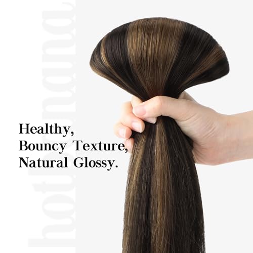 HOTBANANA Human Hair Clip in Hair Extensions, Balayage Dark Brown Mixed Chestnut Brown 120g Clip in Hair Extensions Real Human Hair Straight Remy Hair Clip Ins Dark Roots Ombre 18 Inch 7pcs