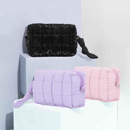 Oweisong Quilted Makeup Bag Travel Toiletry Bag for Women Small Cosmetic Purse Cute Puffer Make Up Organizer Puffy Pouch
