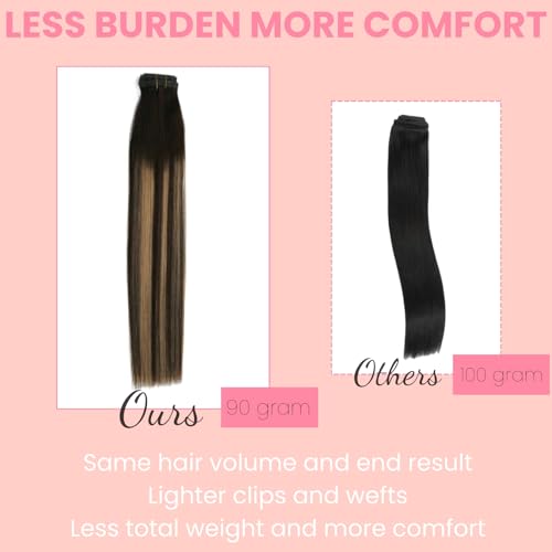 Clip in Extensions Real Human Hair 7pcs, Natural and Seamless 90g (Ombre Dark Brown to Chestnut Brown, 18 inch)