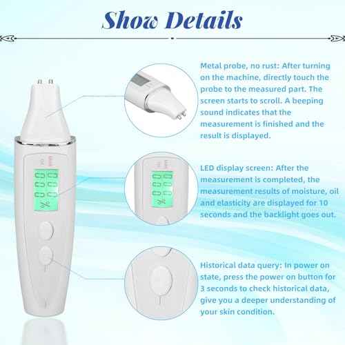 Skin Oil Analyzer Tester, LCD Digital Hydration Oil Content Skin Analysis Machine, Portable Mini Skin Tester Water Oil Detector Pen with Universal Base, Historical Data Query Function