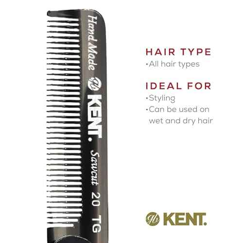 Kent 20T Black Graphite Handmade Folding Pocket Comb for Men, Fine Tooth Hair Comb Straightener for Everyday Grooming Styling Hair, Beard or Mustache, Use Dry or with Balms, Saw Cut, Made in England