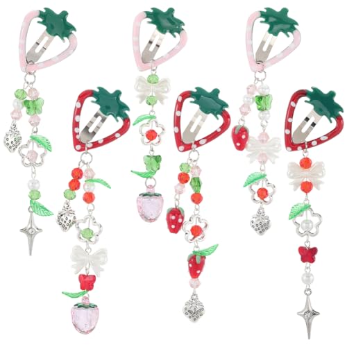 SUNNYCLUE 1 Box DIY 6 Sets Tassels Hair Clips Making Kit Strawberry Hairclips with Beaded Cute Fruit Fashion Hairclip Tassel Snap Barrettes for Women Braid Long Short Thin Thick Hair Supplies