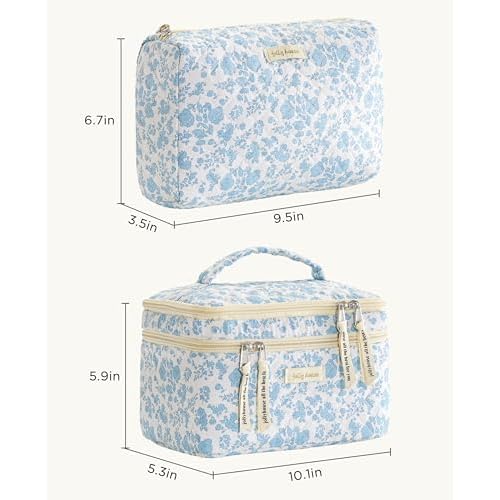 HBselect 2Pcs Travel Makeup Bag, Large Cotton Quilted Makeup Bag Cosmetic Bag Cute Make up Bag Toiletry Bags for Women Girls