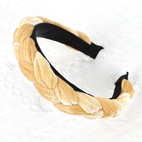 YISSION 2PCS Velvet Braided Headbands Non Slip Head Band Fashion Head Bands Padded Headband for Women Khaki Coffee Headband Hair Accessories for Women