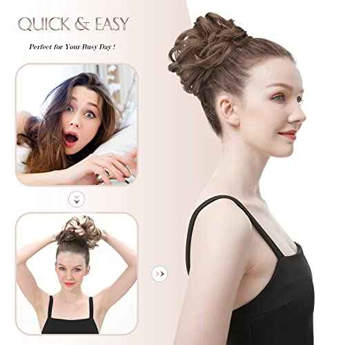 FESHFEN Messy Bun Hair Pieces - Large Wavy Curly Elastic Hair Bun Scrunchies Ponytail Extensions Synthetic Chignon Hairpieces for Women, Natural Black 1.94oz