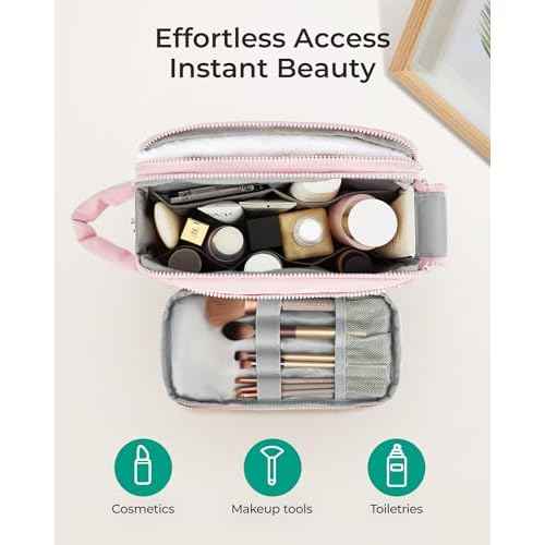 Travel Toiletry Bag for Women, Wide-open Makeup Bag Organizer, Puffy Make Up Case, Large Capacity Cosmetic Organizer for Women for Travel Essentials Toiletries Accessories (Nude Pink)