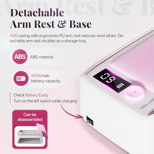 krofaue 380W Fast Curing UV Nail Lamp with Auto Sensor Professional Cordless UV Light for Gel Nails with Detachable Arm Rest, 6 Timers UV/LED Nail Dryer for Nail Salon and Home DIY