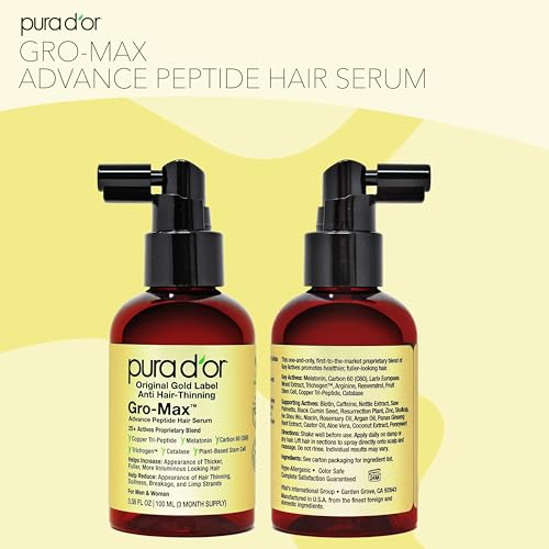 PURA D'OR 3.38 Oz Gro-Max Advanced Peptide Hair Serum (NEW FORMULA) Plant Stem Cell, Catalase, Copper Tri-Peptide, C60, Biotin, Melatonin, Trichogen, Caffeine, Rosemary - Stronger, Thicker Hair