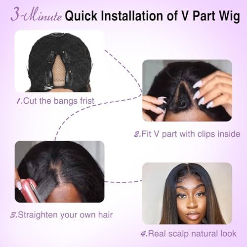 CHEETAHBEAUTY FB30 Ombre V Part Wig Human Hair 16Inch No Leave Out Upgrade Straight U Part Wig Highlight Blonde No Glue Brazilian Virgin Straight Human Hair Wigs for Women Colored Brown 180% Density