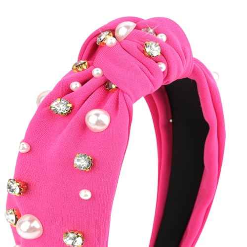YISSION 1PC Crystal Pearl Knotted Headband for Women Non Slip Rhinestone Headband Wide Pearl Headbands for women Jeweled Embellished Hairband Hot Pink Head Band Hair Accessories for Women Girls