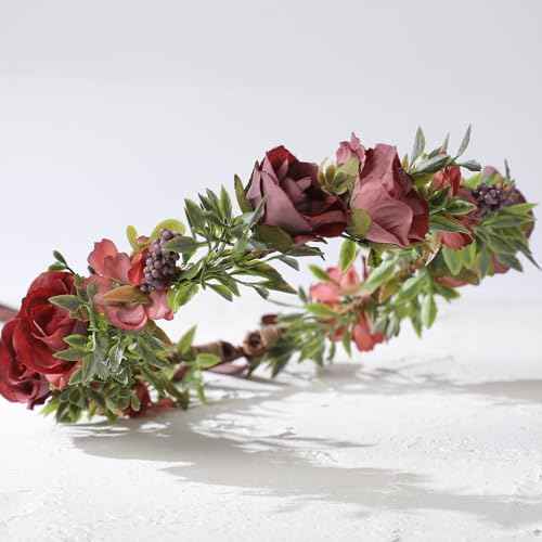 Fairy Flower Crown Headband - Red Purple Rose Floral Headpiece with Ribbon Forest Flower Headbands for Women Girls Renaissance Costume Cosplay Wedding Festival Party Headdress