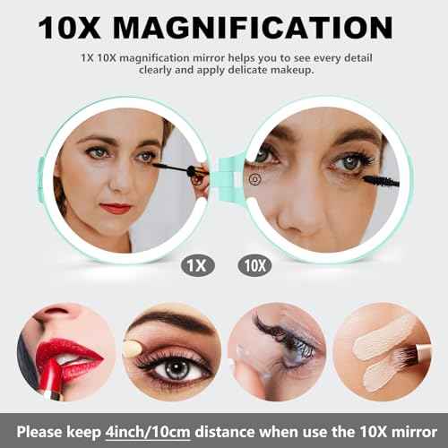 VANRIOS 6.3 Inch Rechargeable Folding 10x Magnification Double Sided Makeup Mirror with Lights, Portable Travel Mirror for Women with Nearsightedness | Travel Essentials for Women