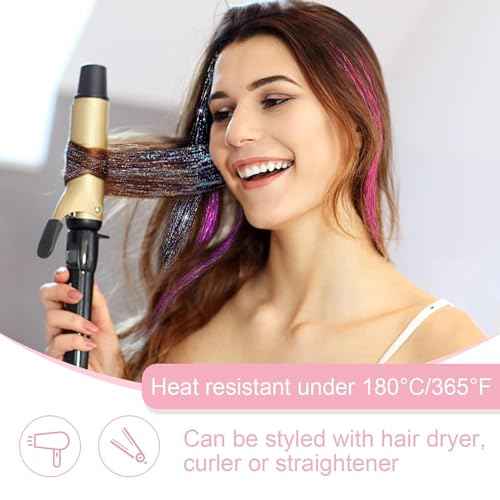 Hair Tinsel Kit Pack of 18 Pcs Hair Tinsel Clip in 19.6Inch Glitter Tinsel Hair Extensions Heat Resistant Clip in Hair Tinsel Sparkle Fairy Hair Accessories for Kids Girls Women (Pink)