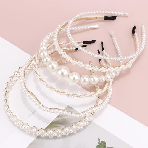 CUBACO 6 PCS Pearl Headband for Women White Headbands for Girl Jeweled Head Bands for Thin Thick Hair Fashion Rhinestone Hairband Bridal Beaded Headpiece Non Slip Hair Accessories for Party Wedding