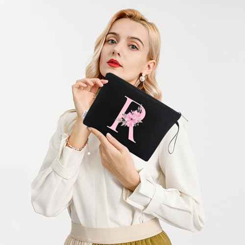 Vavabox A-Z Personalized Makeup Bag, Birthday Gifts for Women Mom, Gifts for Best Friend, Bride Bridesmaid Cosmetic bag (R, Black)