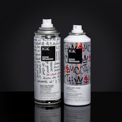 IGK Good Behavior Hair Styling Bundle ? Spirulina Protein Smoothing Spray (5.6 oz) + Flexible Anti-Frizz Hairspray (5 oz) ? 72-Hour Frizz Control, 450¡ÆF Heat Protection, Sleek Finish & Shine