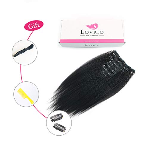 Lovrio Kinkys Straight Hair Clip in Hair Extensions for Black Women Brazilian Virgin Double Weft Human Hair 7 Pieces 120g with 17 Clips 14 Inch