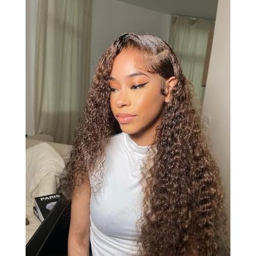 Chocolate Brown Deep Wave Lace Front Wigs Human Hair 13x6 Curly Human Hair Wig 200% Density HD Lace Front Wig Human Hair Pre Plucked Deep Wave Wig for Women with Baby Hair