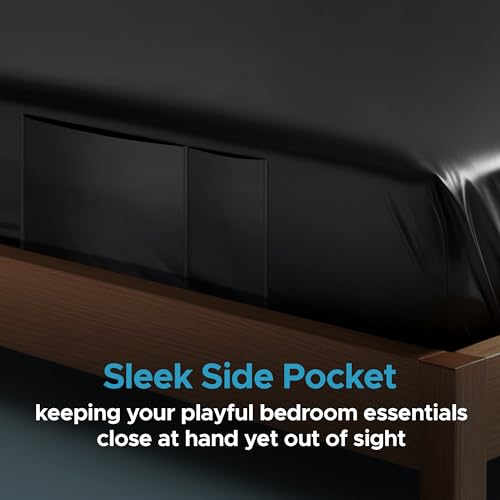 Black Vinyl Queen Waterproof Fitted Massage Bed Sheet with Side Pocket | Mattress Protector, Bed Cover for Nuru Massage - Oil, Water-Based, Silicone Safe | 60'' x 80'' + 15.7'' Deep Pocket