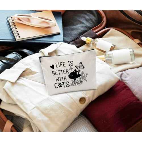 Cat Makeup Bag Small, Cat Mom Gifts for Women Cat Owners Lovers, Funny Cat Gifts for Women, Life Is Better with Cats Bag, Black Cat Gift Bag