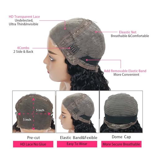 24 Inch Water Wave Lace Front Wigs Human Hair Wigs for Black Women 180% Density 5x5 HD Lace Front Glueless Wigs Human Hair Pre Plucked with Baby Hair Deep Curly Lace Frontal Human Hair Wig