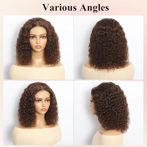 Closure Bob Wig Human Hair Chocolate Brown Glueless Wigs Human Hair Pre Plucked Pre Cut Short Glueless Wig Middle Part Curly Bob Wig Water Wave Lace Frontal Wigs Human Hair For Black Women 14Inch
