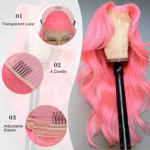 Pink Human Hair Wig 200 Density Body Wave HD Lace Front Wigs Human Hair Pre Plucked with Baby Hair Lace Front Wig 13x4 Lace Frontal Wigs Real Hair Wigs for Women 22 Inch