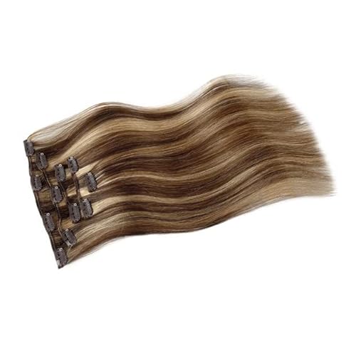 Clip in Hair Extensions Real Human Hair for Women Highlight Straight Remy Human Hair Extensions Clip ins Balayage Chestnut Brown and Beige Blonde Clip in Hair Extensions for Women 22 Inch 5pcs 70g